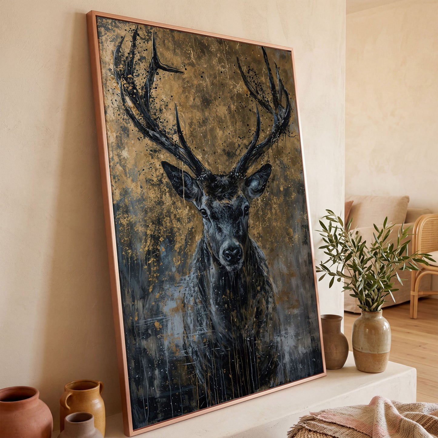 Abstract Black and Gold Deer Canvas in rose gold floating frame