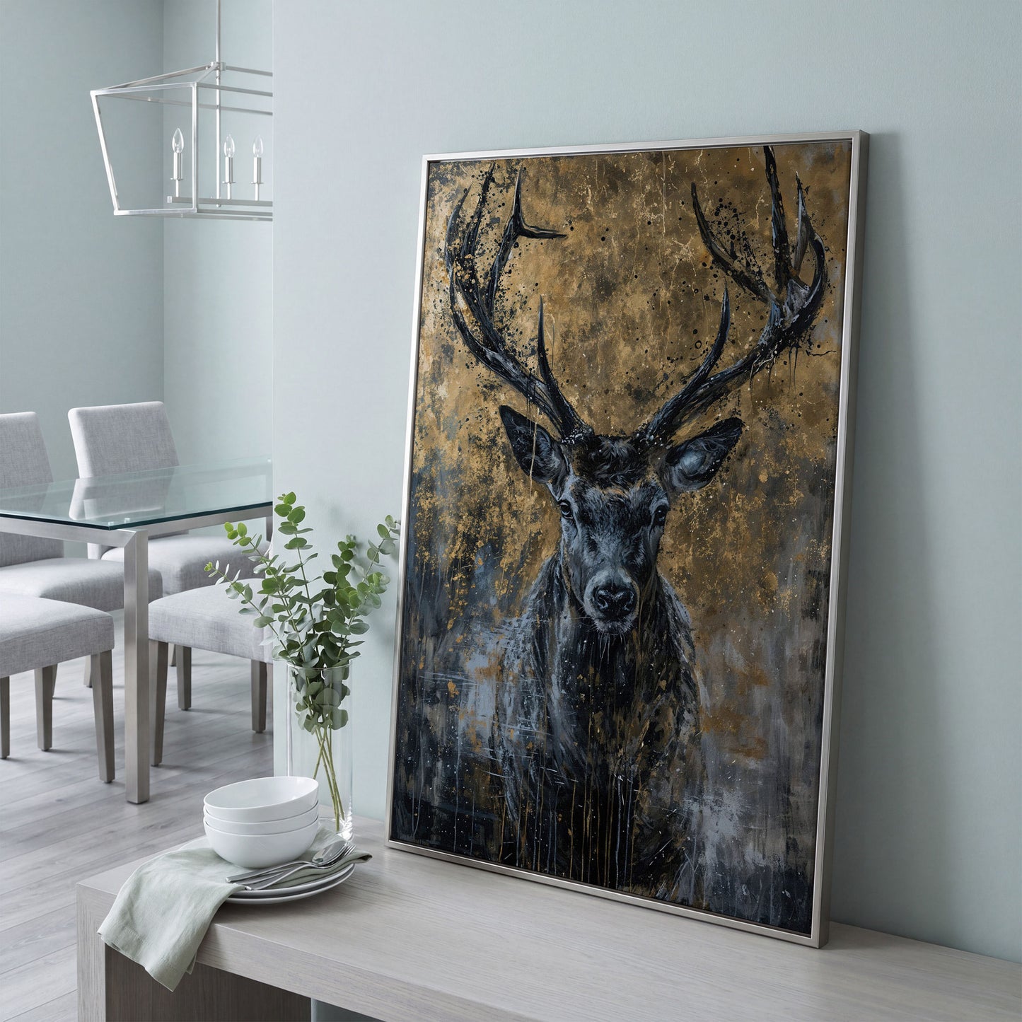 Abstract Black and Gold Deer Canvas in silver floating frame