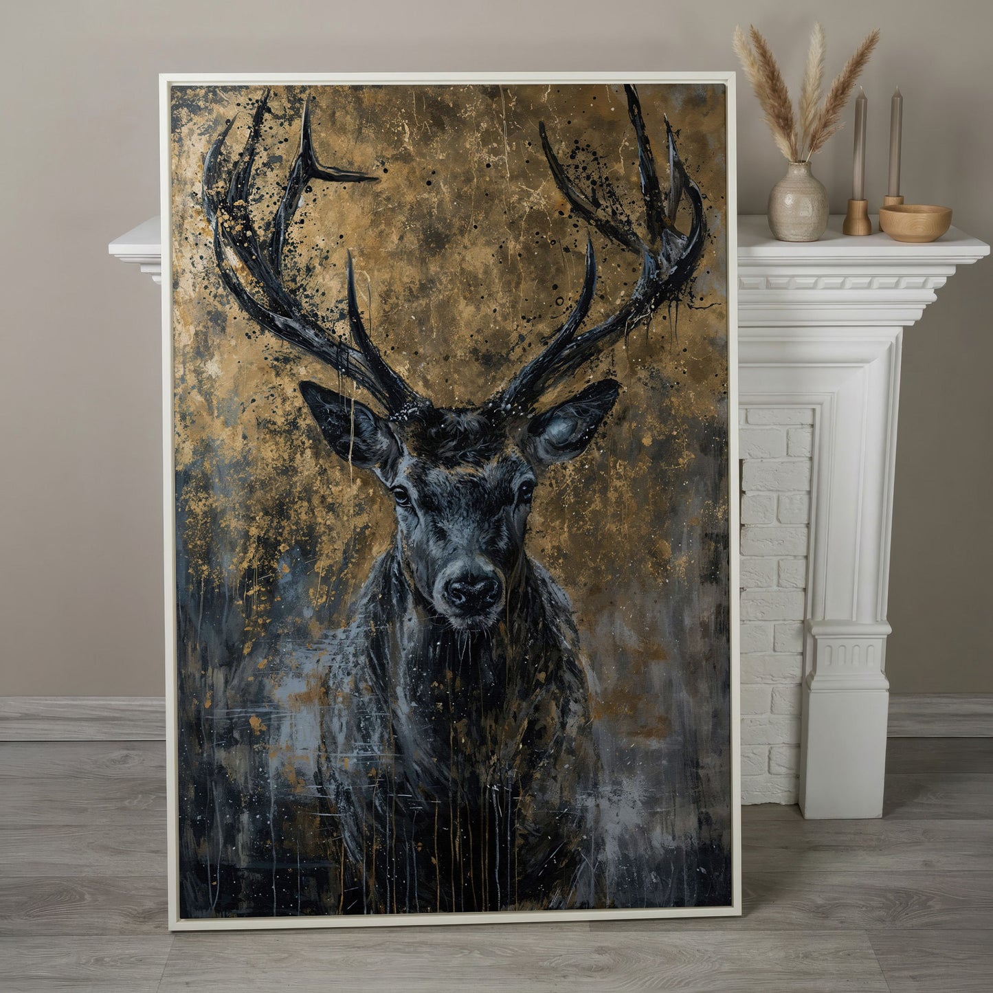 Abstract Black and Gold Deer Canvas in white floating frame