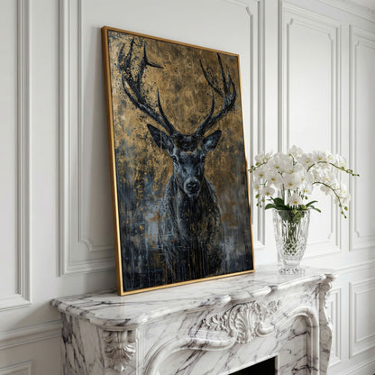 Abstract Black and Gold Deer Canvas in yellow gold floating frame