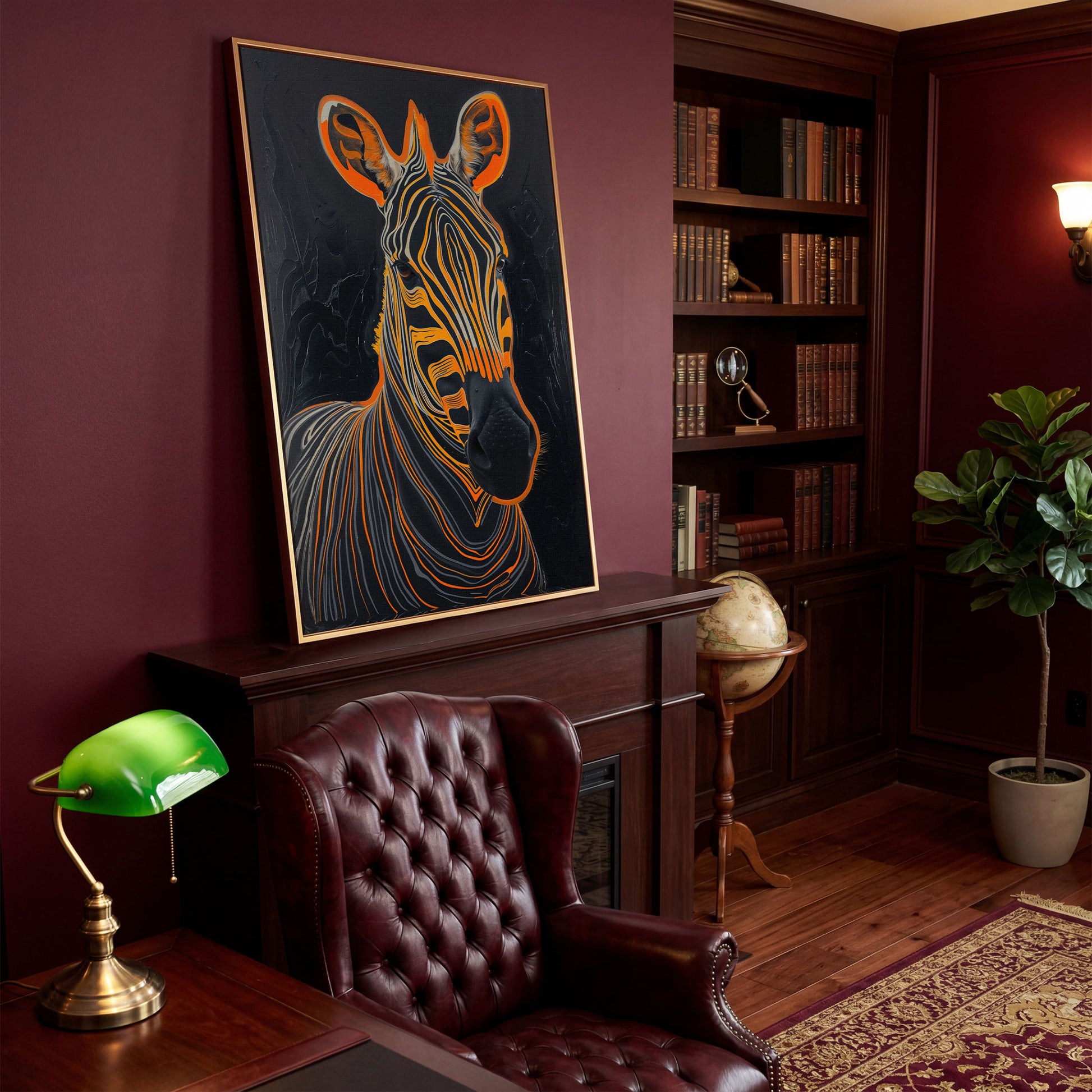 Abstract Zebra in Orange and Black Canvas in antique gold floating frame