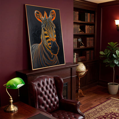 Abstract Zebra in Orange and Black Canvas in antique gold floating frame