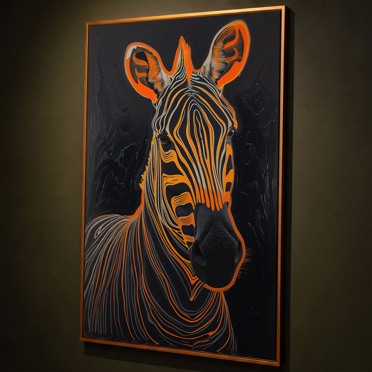 Abstract Zebra in Orange and Black Canvas shown in antique gold floating frame