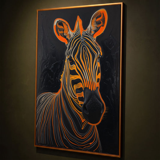 Abstract Zebra in Orange and Black Canvas shown in antique gold floating frame