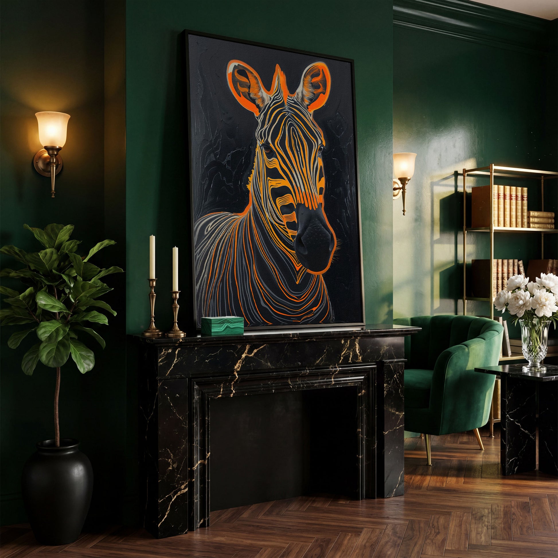 Abstract Zebra in Orange and Black Canvas in black floating frame