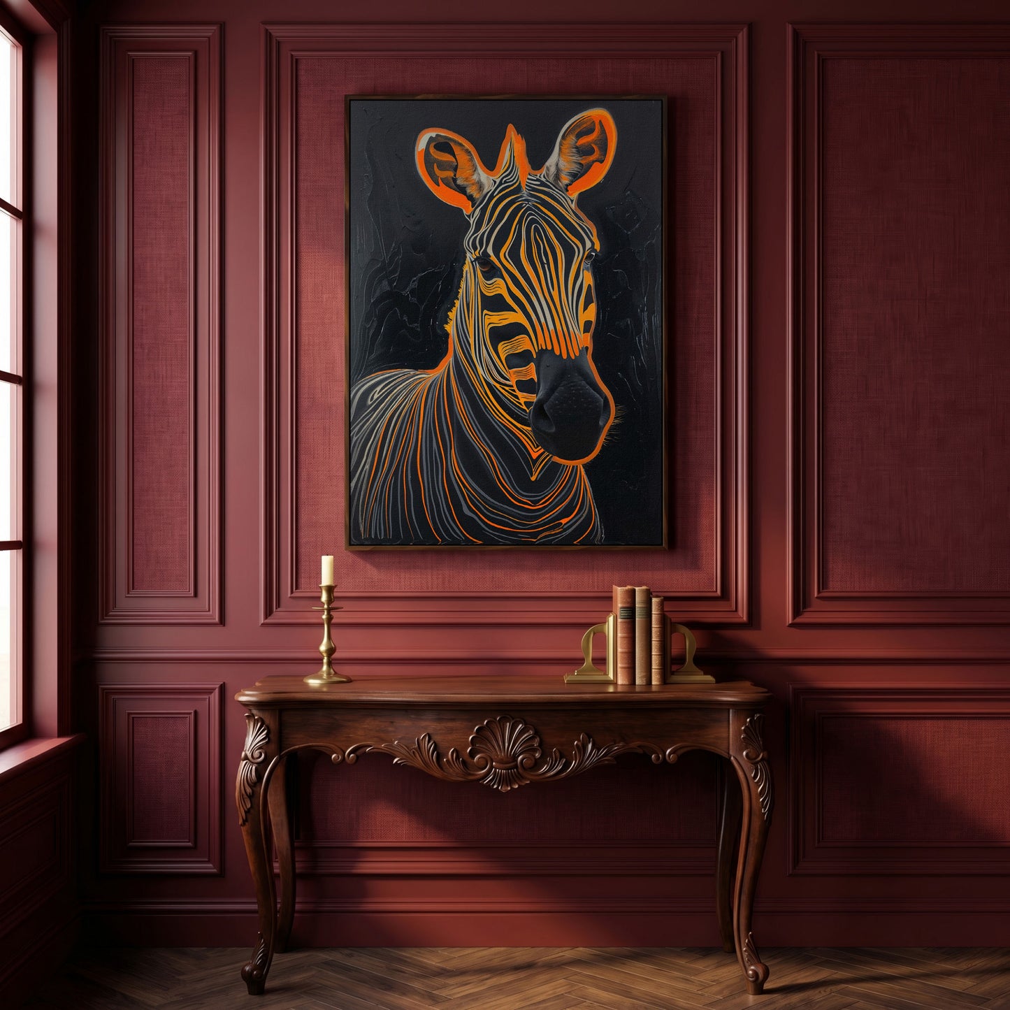 Abstract Zebra in Orange and Black Canvas in dark walnut floating frame