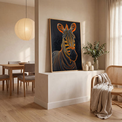 Abstract Zebra in Orange and Black Canvas in white oak floating frame