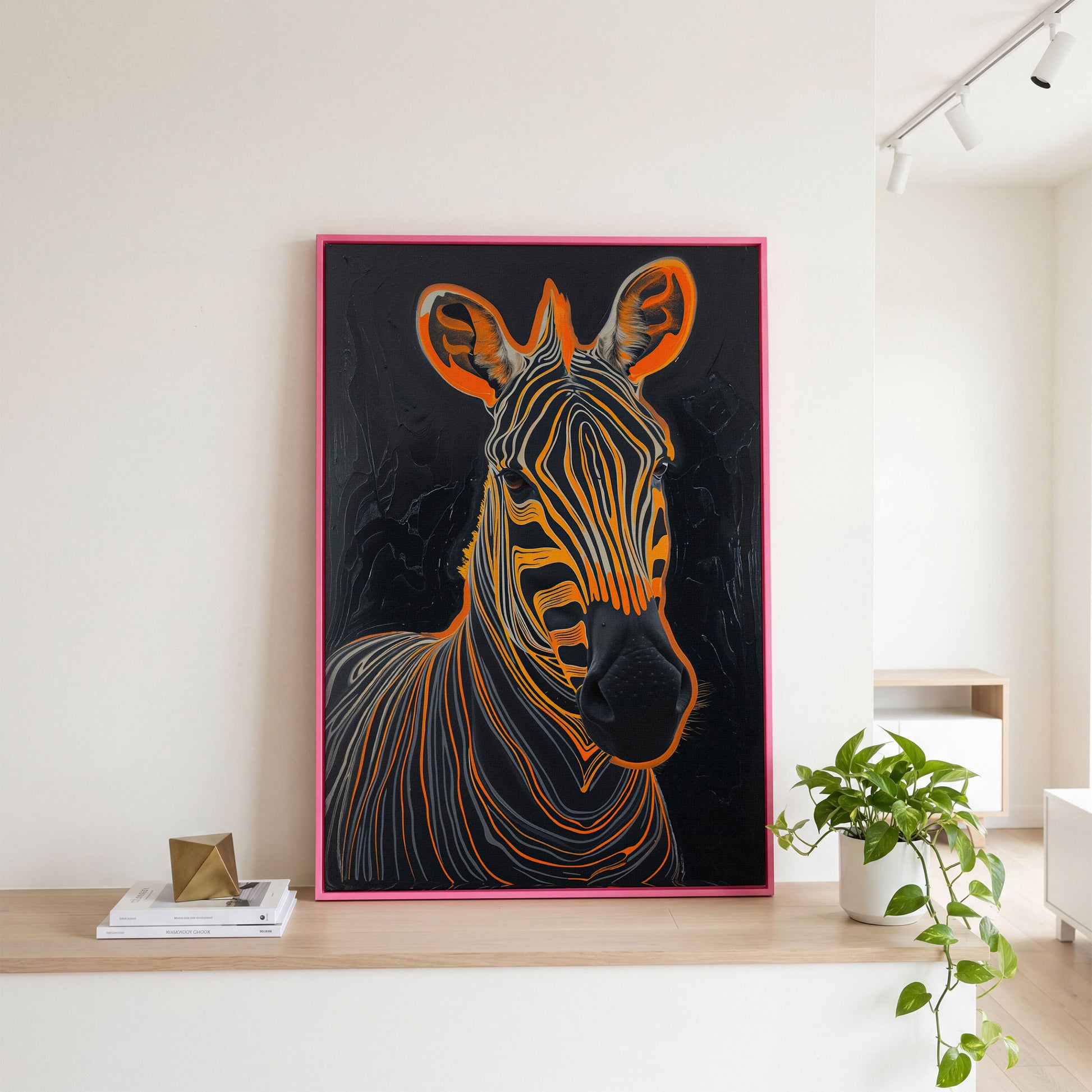Abstract Zebra in Orange and Black Canvas in pink floating frame
