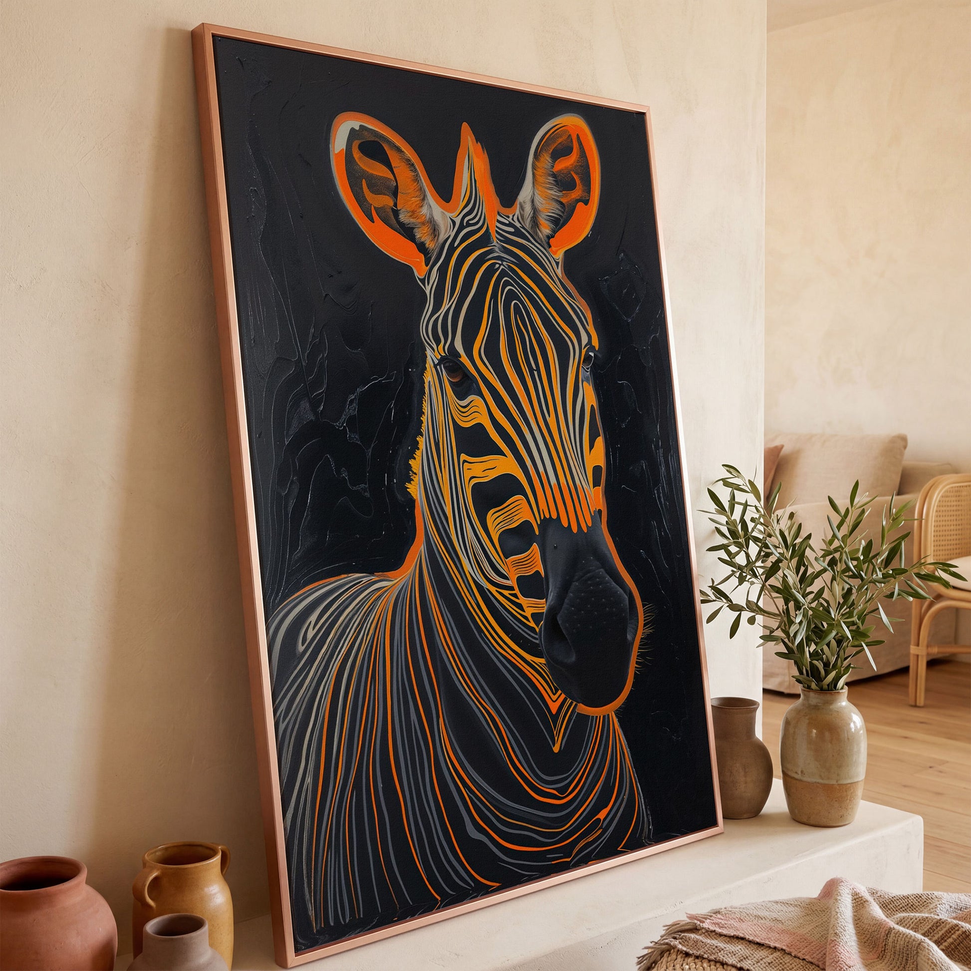 Abstract Zebra in Orange and Black Canvas in rose gold floating frame