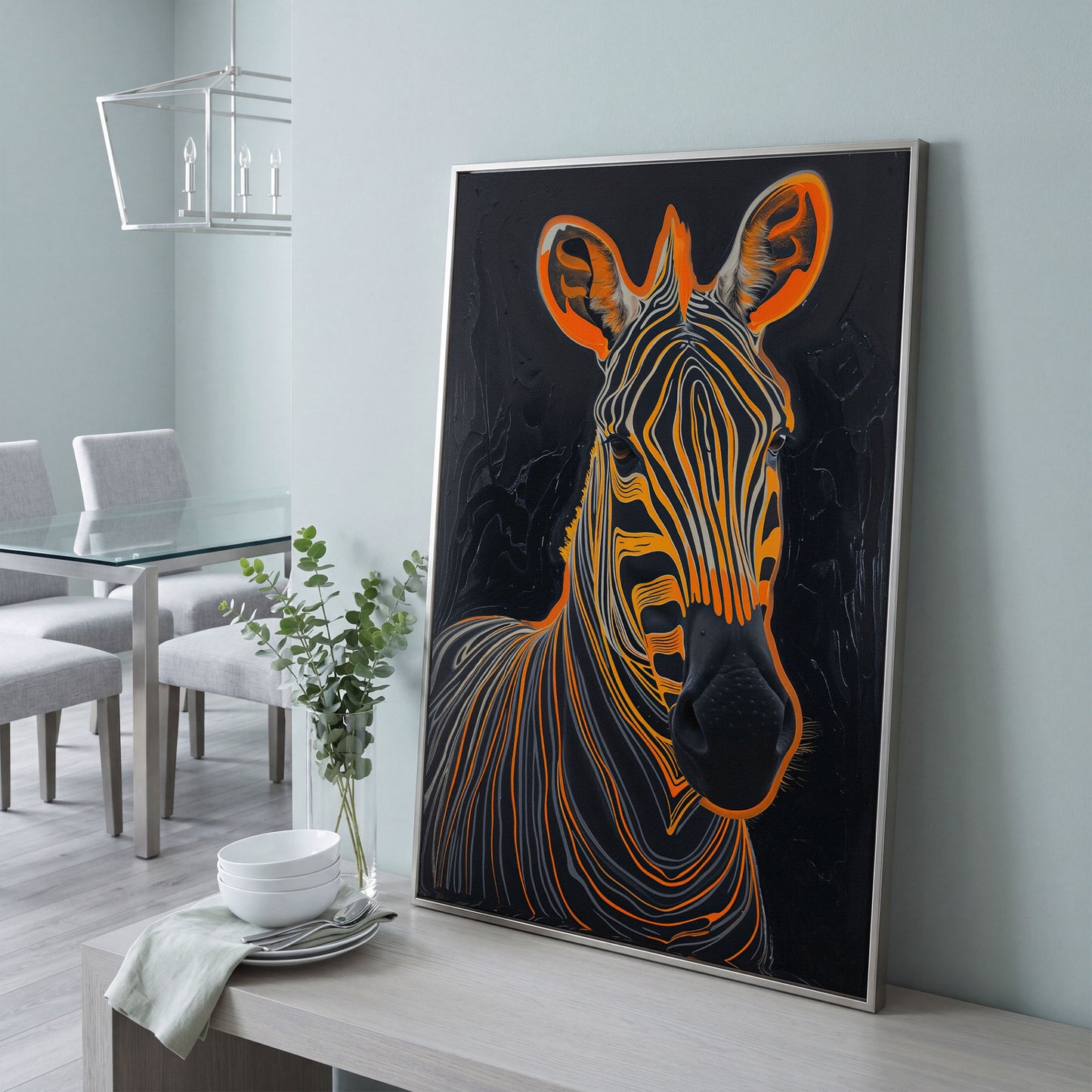 Abstract Zebra in Orange and Black Canvas in silver floating frame