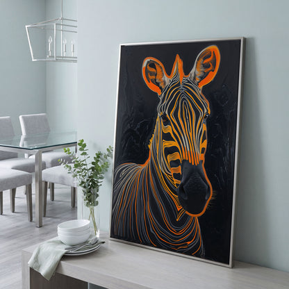 Abstract Zebra in Orange and Black Canvas in silver floating frame