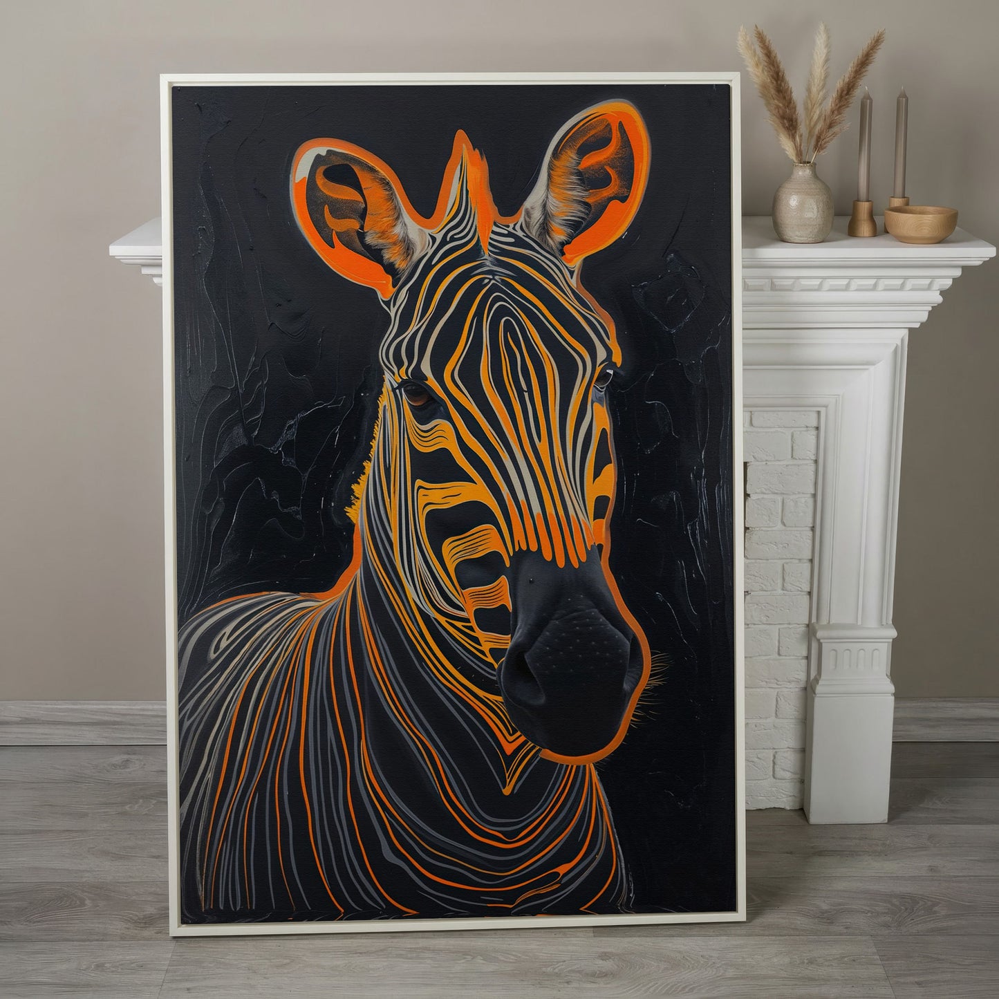 Abstract Zebra in Orange and Black Canvas in white floating frame