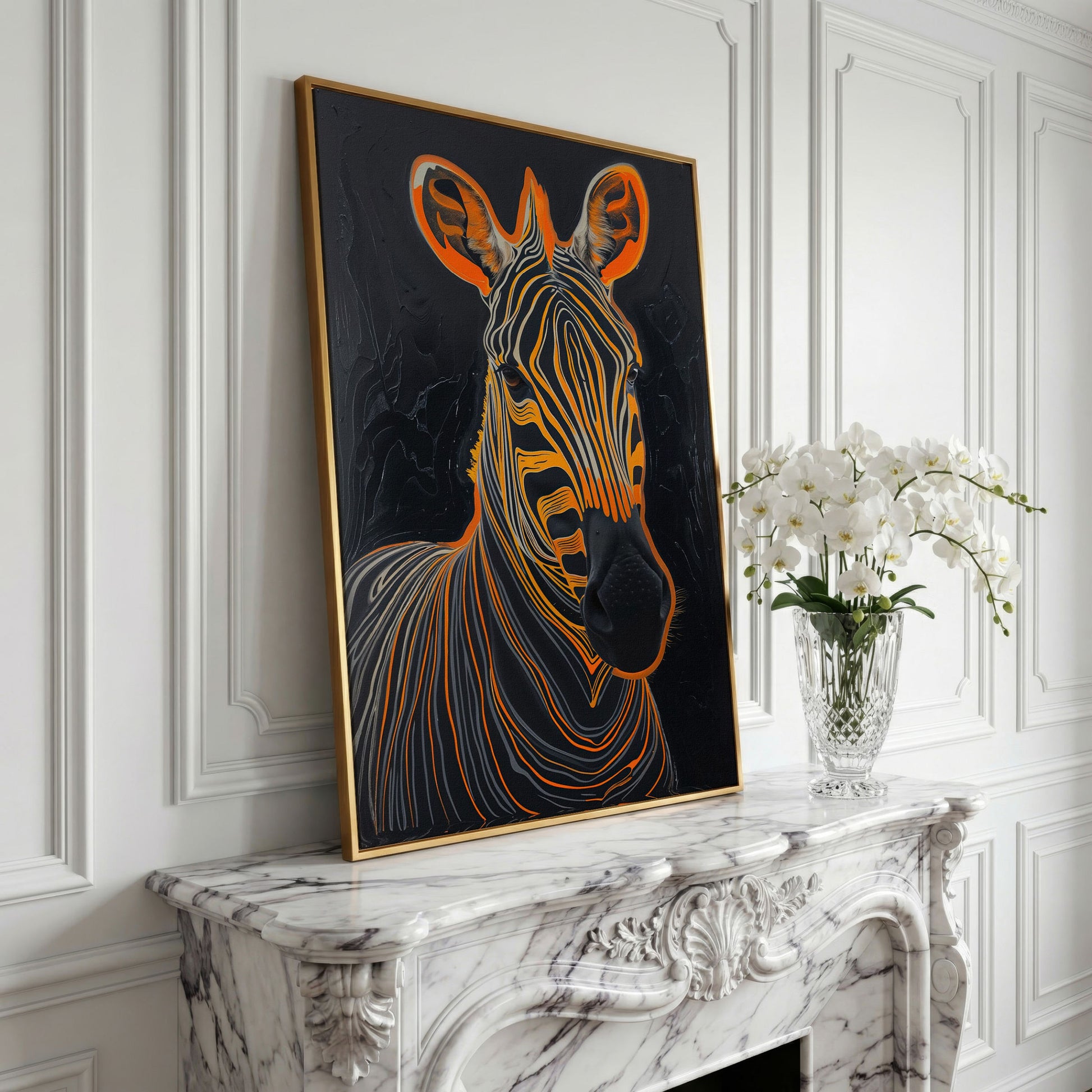 Abstract Zebra in Orange and Black Canvas in yellow gold floating frame