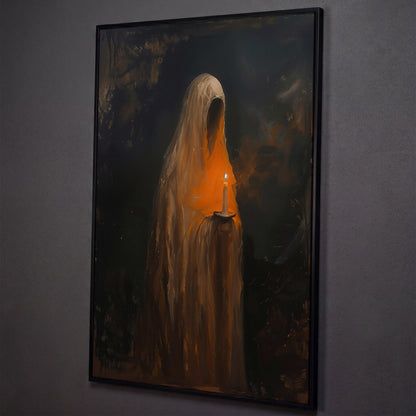 Abstract Ghostly Candle Canvas Print shown in black floating frame
