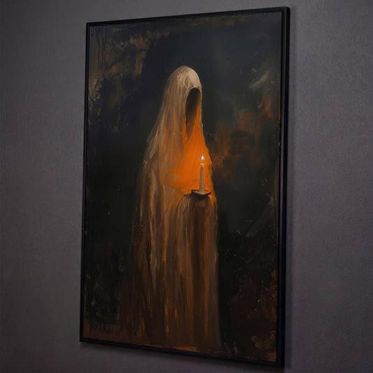 Abstract Ghostly Candle Canvas Print shown in black floating frame