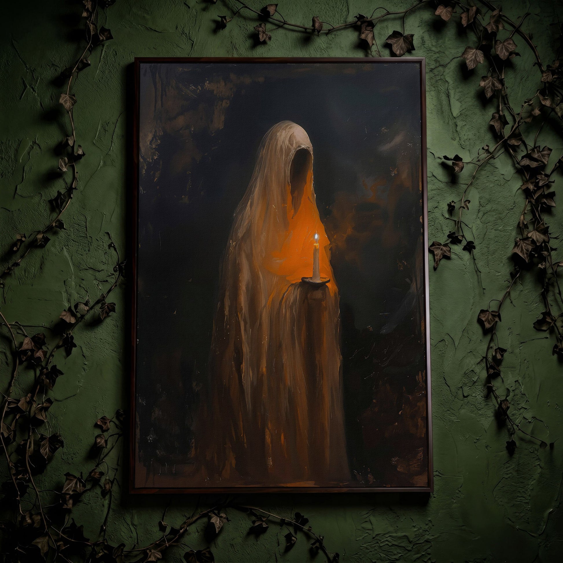 Abstract Ghostly Candle Canvas Print in dark walnut floating frame