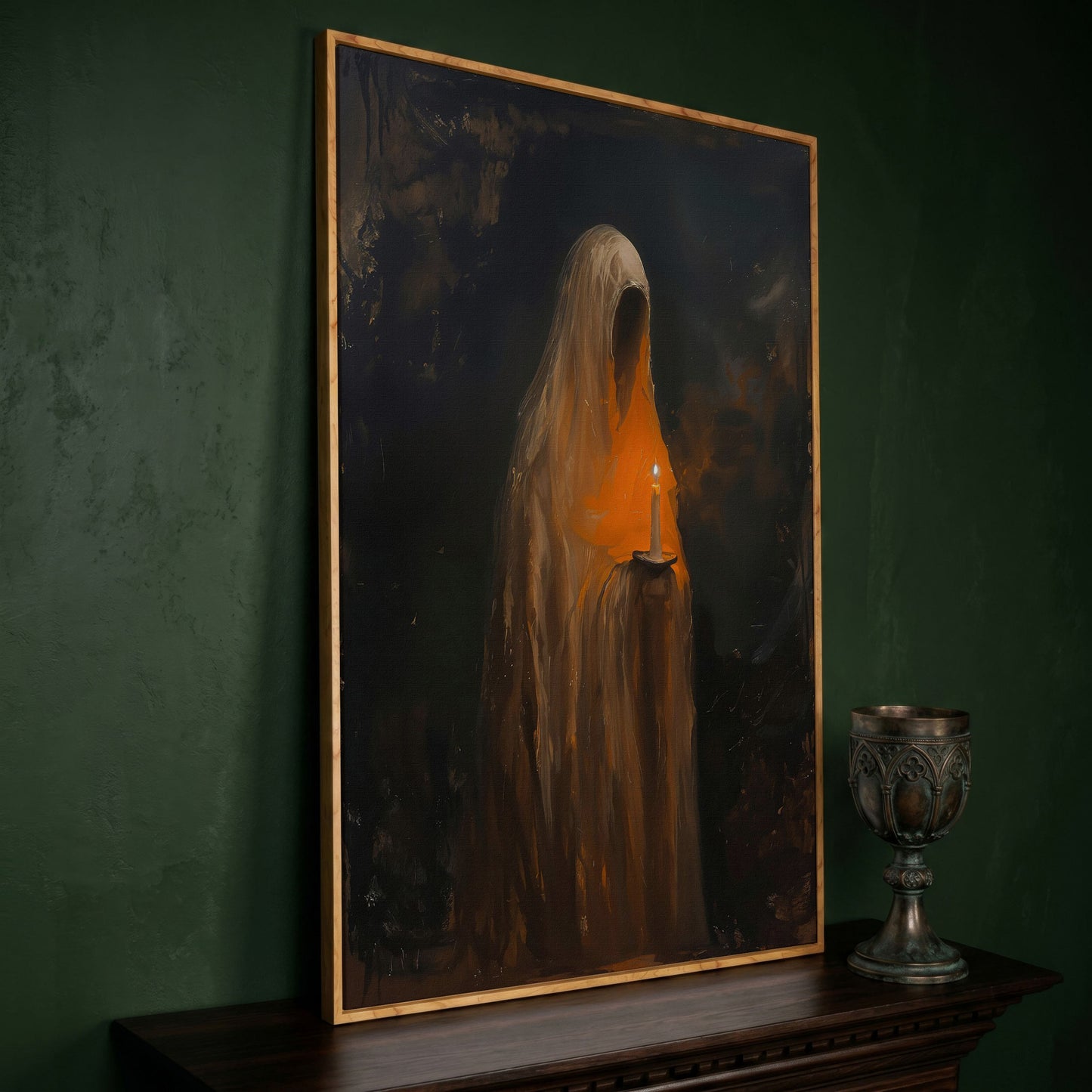 Abstract Ghostly Candle Canvas Print in white oak floating frame