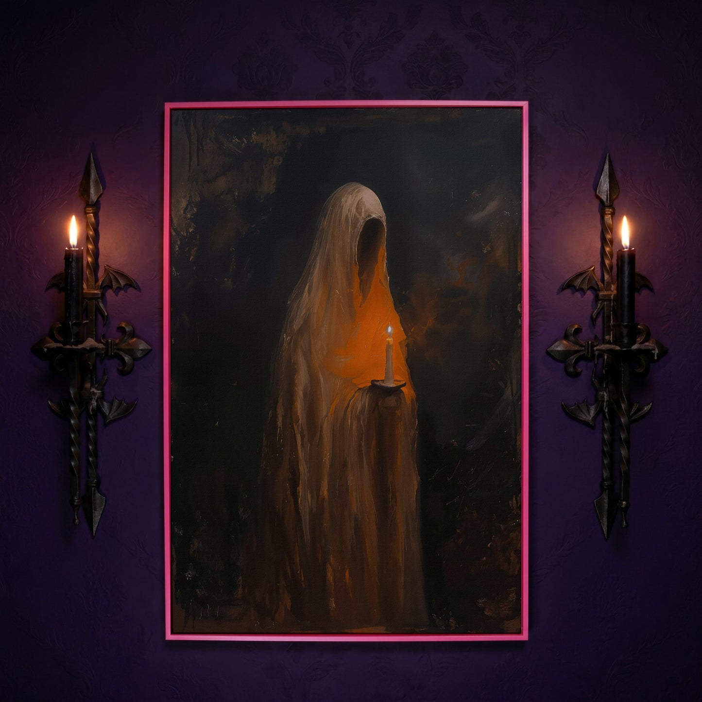 Abstract Ghostly Candle Canvas Print in pink floating frame