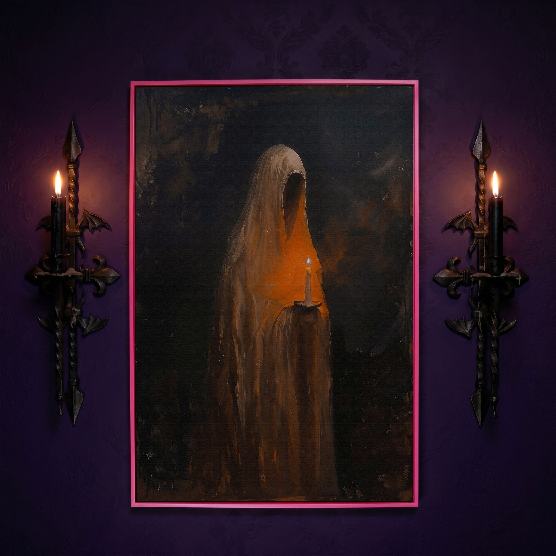 Abstract Ghostly Candle Canvas Print in pink floating frame