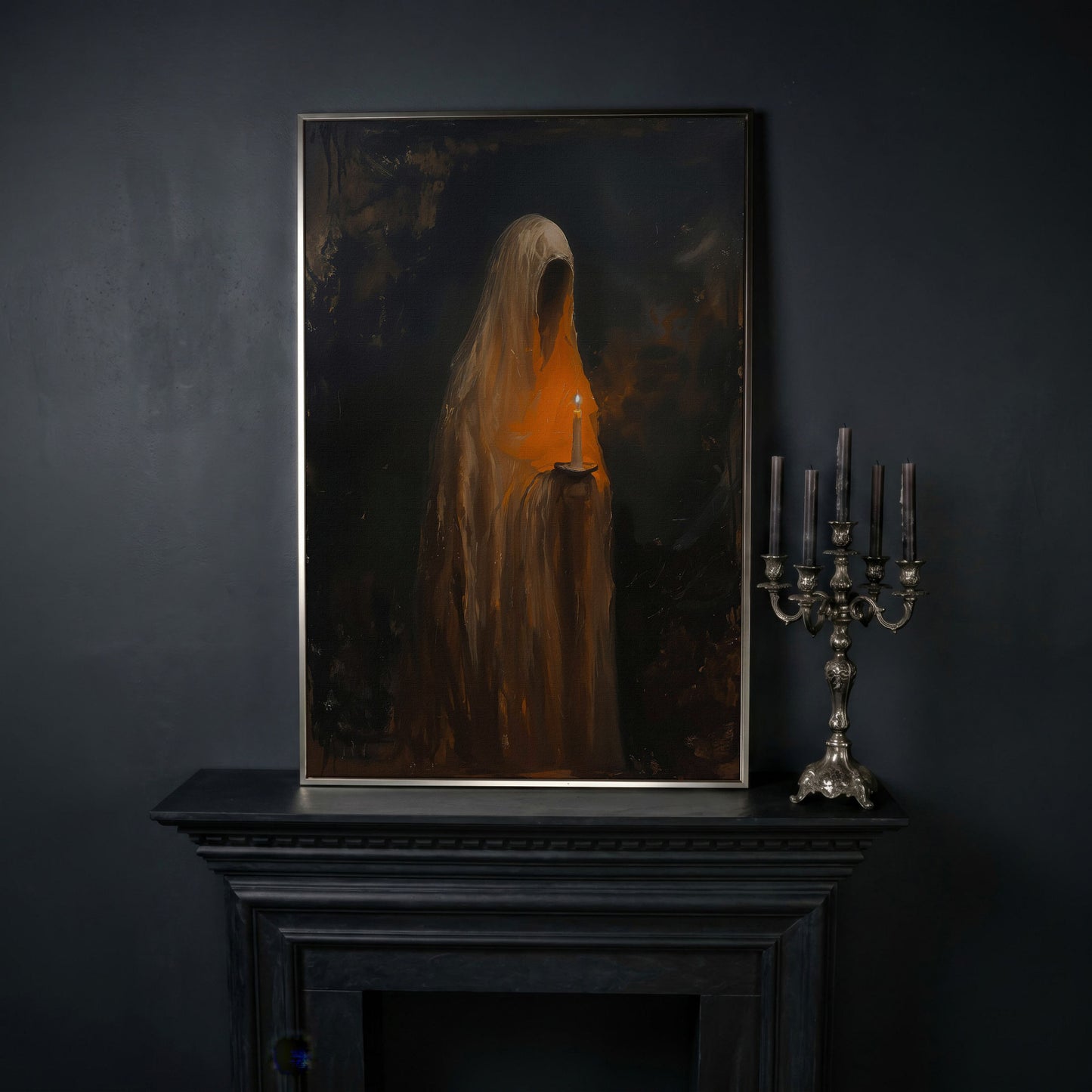 Abstract Ghostly Candle Canvas Print in silver floating frame