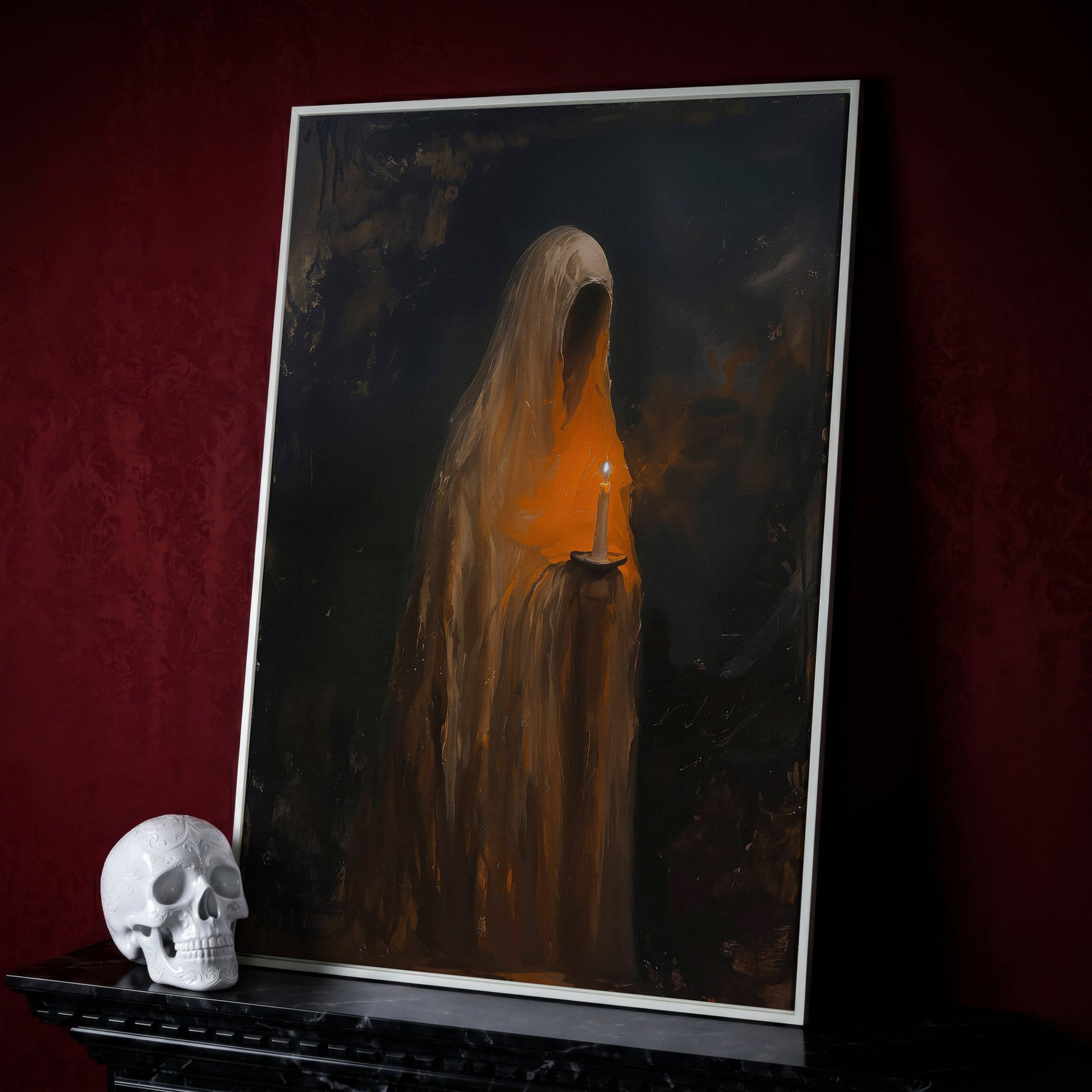 Abstract Ghostly Candle Canvas Print in white floating frame