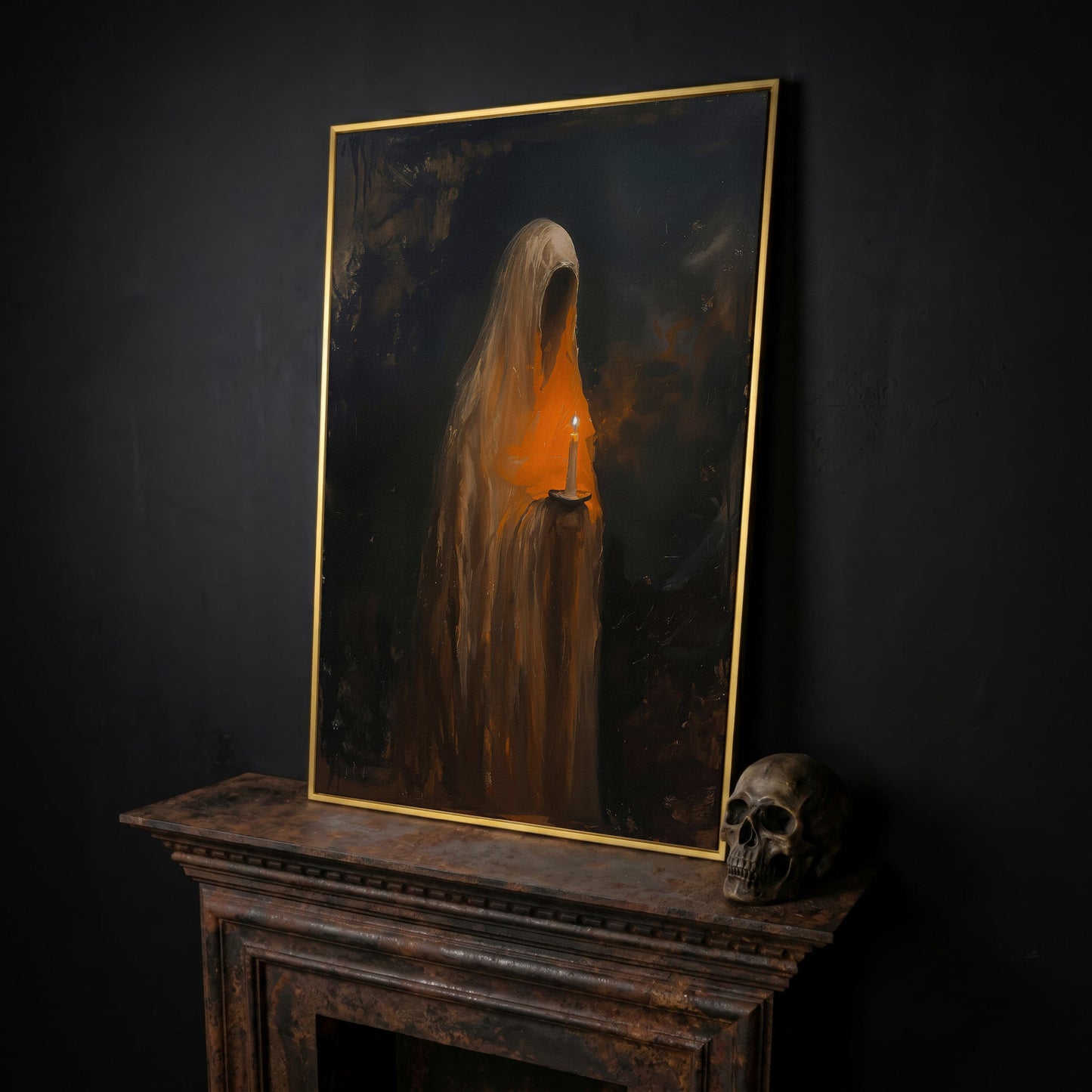 Abstract Ghostly Candle Canvas Print in yellow gold floating frame