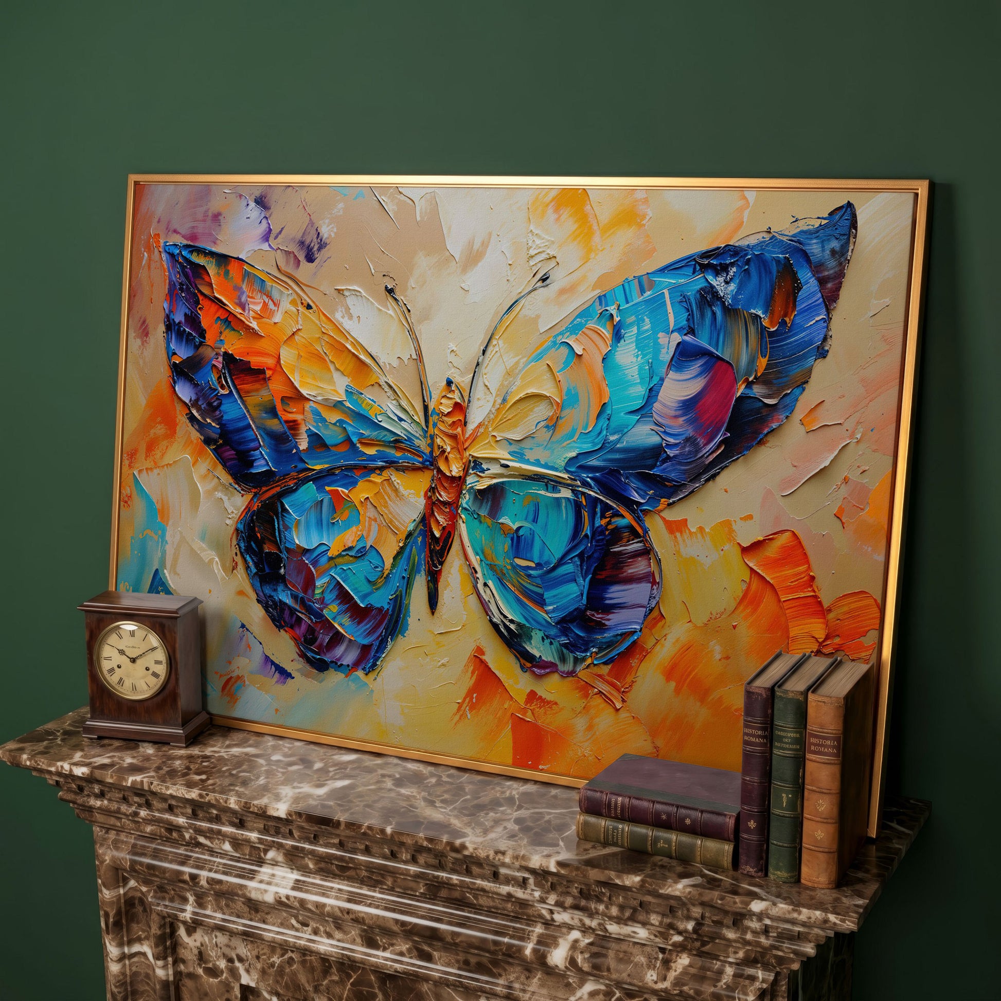 Butterfly Oil Painting Canvas in antique gold floating frame
