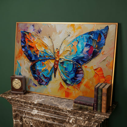 Butterfly Oil Painting Canvas in antique gold floating frame