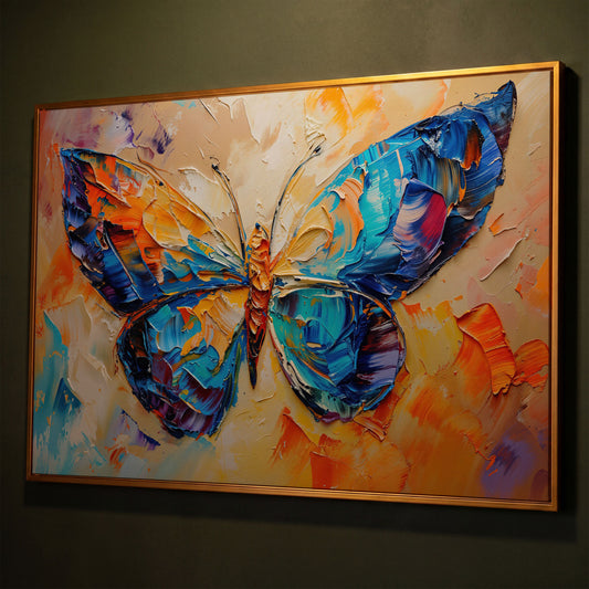 Butterfly Oil Painting Canvas shown in antique gold floating frame