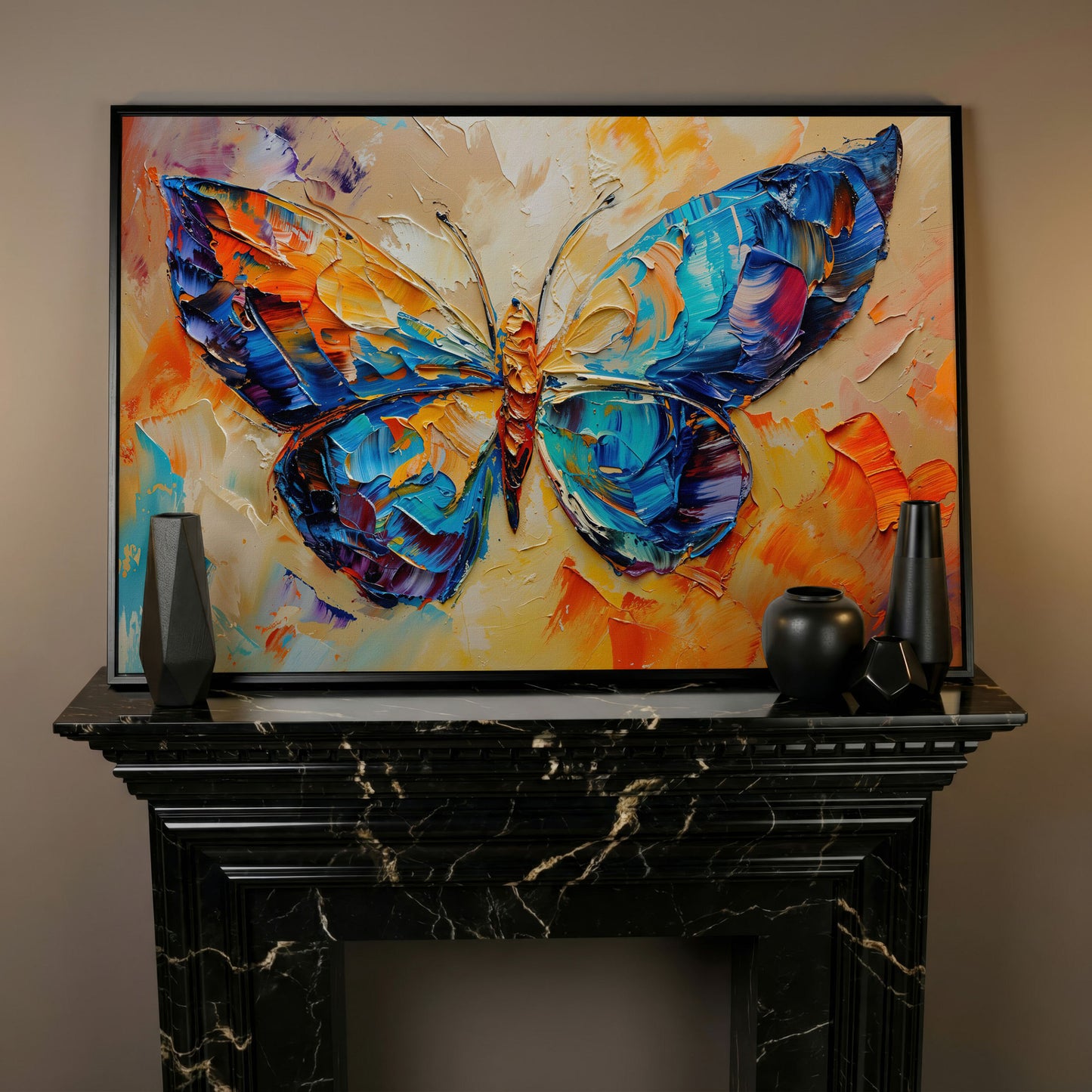Butterfly Oil Painting Canvas in black floating frame