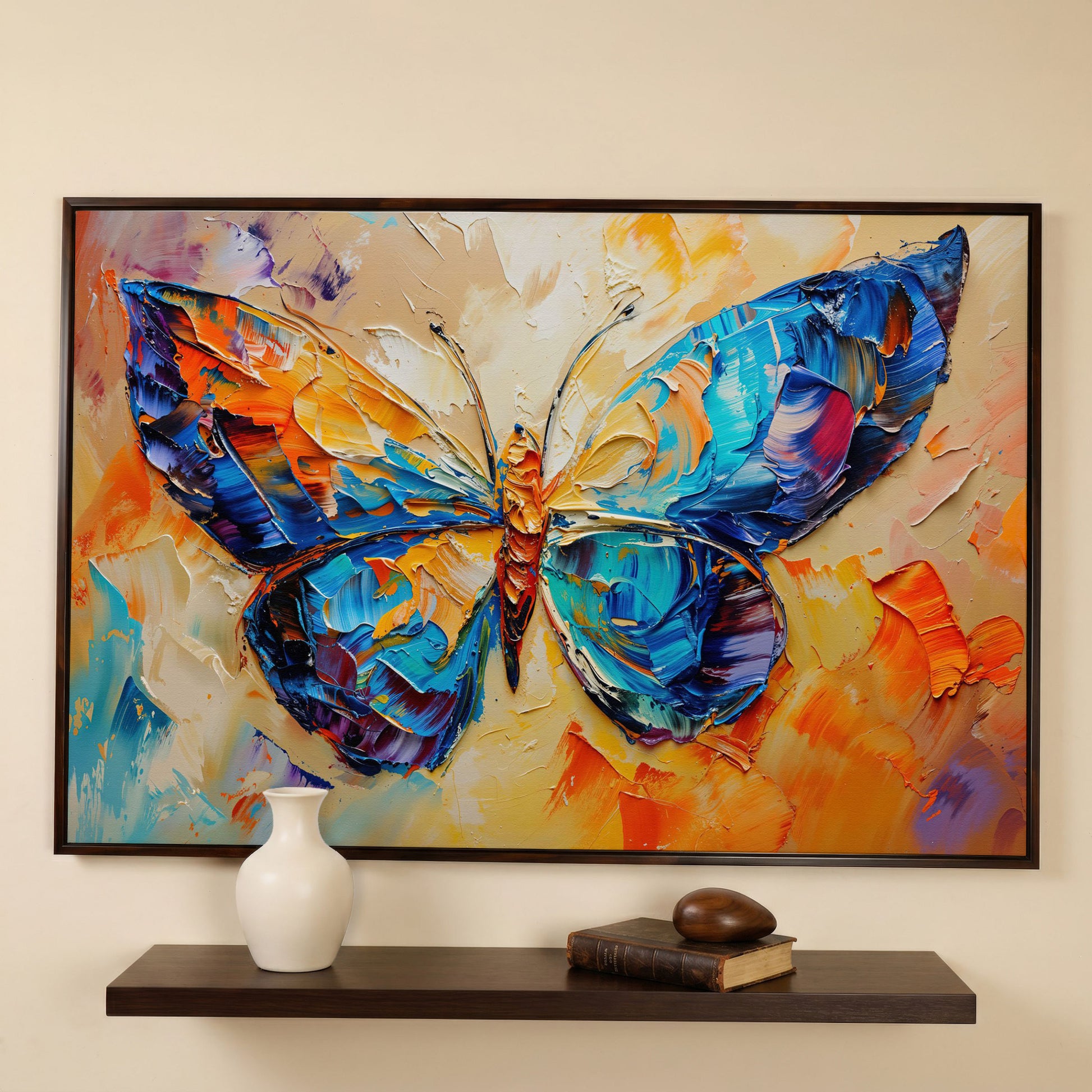 Butterfly Oil Painting Canvas in dark walnut floating frame