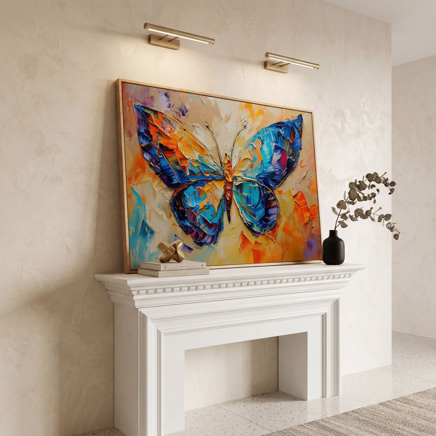 Butterfly Oil Painting Canvas in white oak floating frame