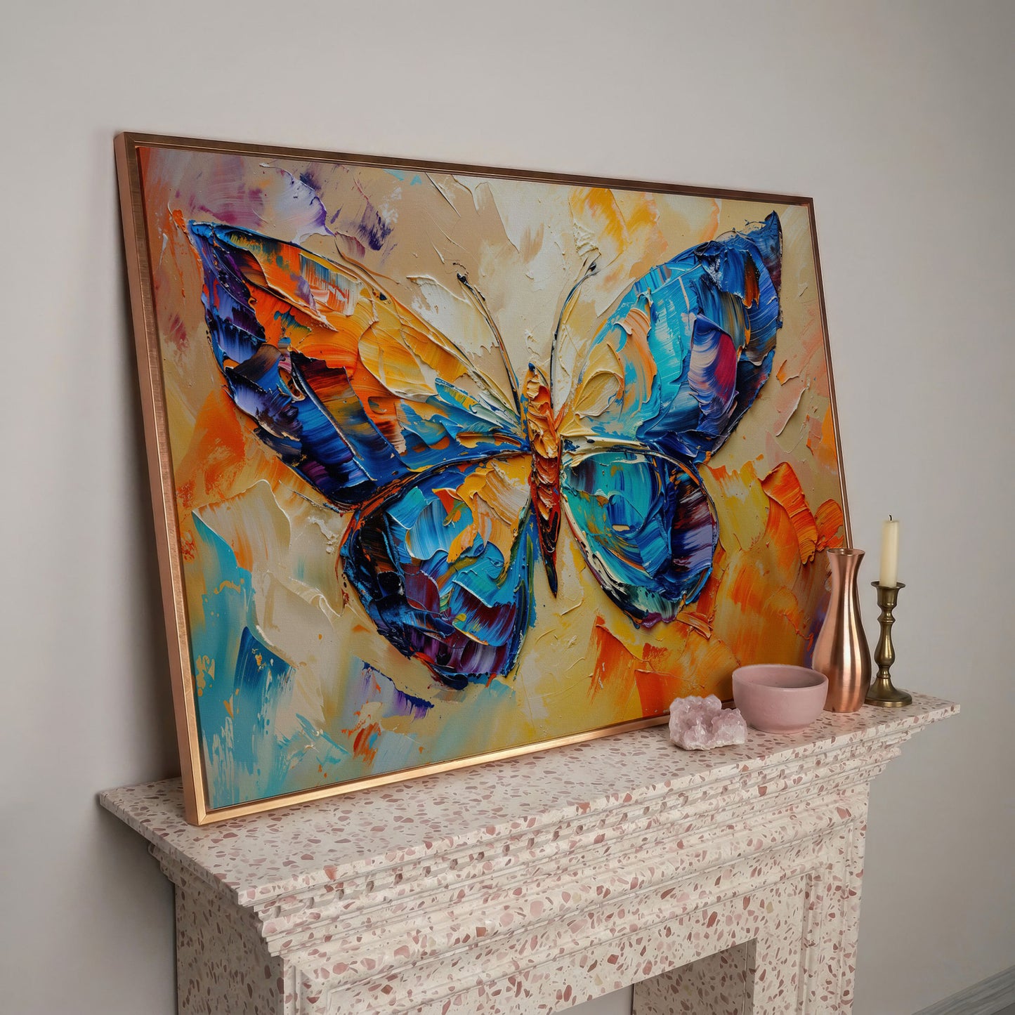 Butterfly Oil Painting Canvas in rose gold floating frame