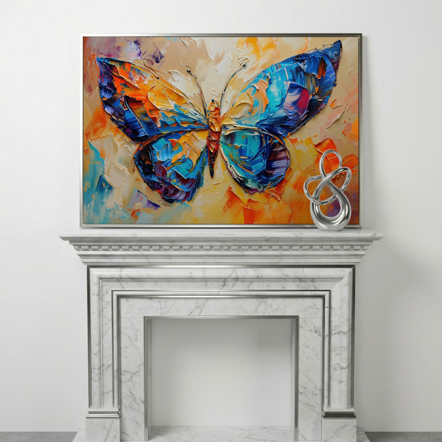 Butterfly Oil Painting Canvas in silver floating frame