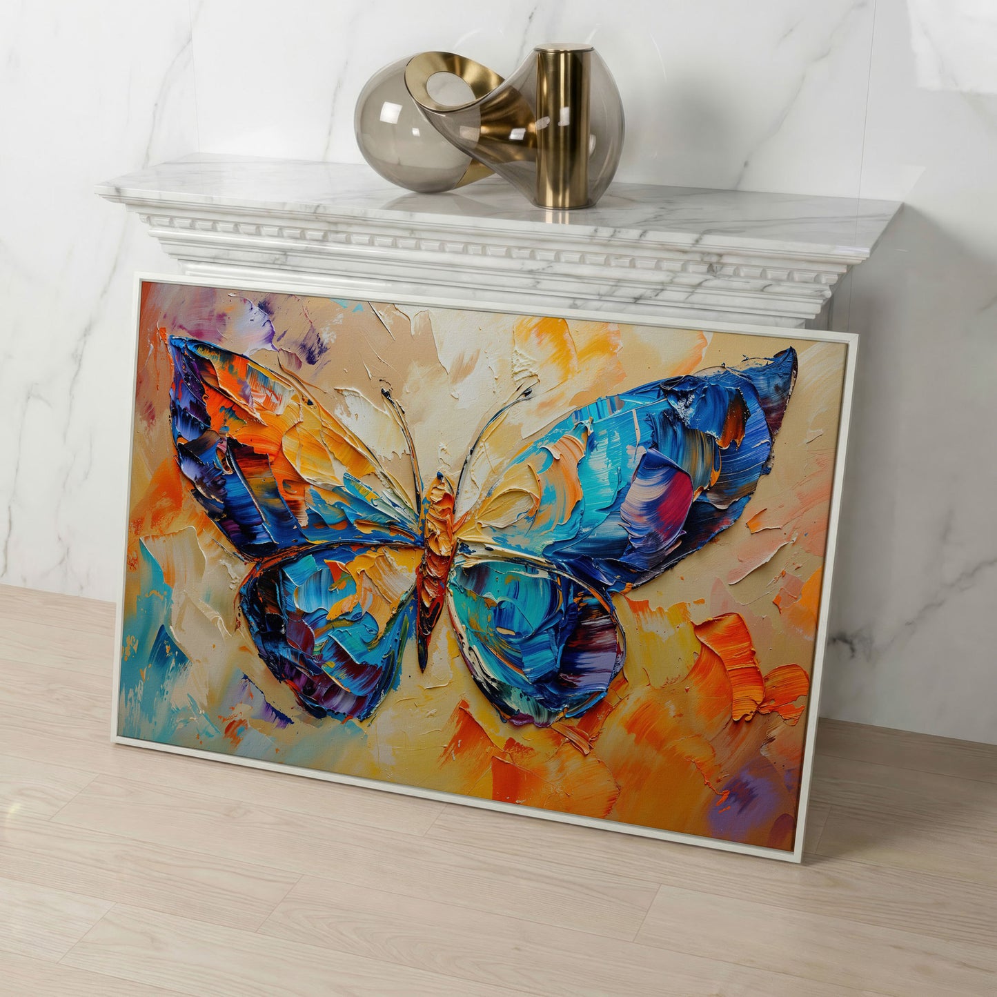 Butterfly Oil Painting Canvas in white floating frame