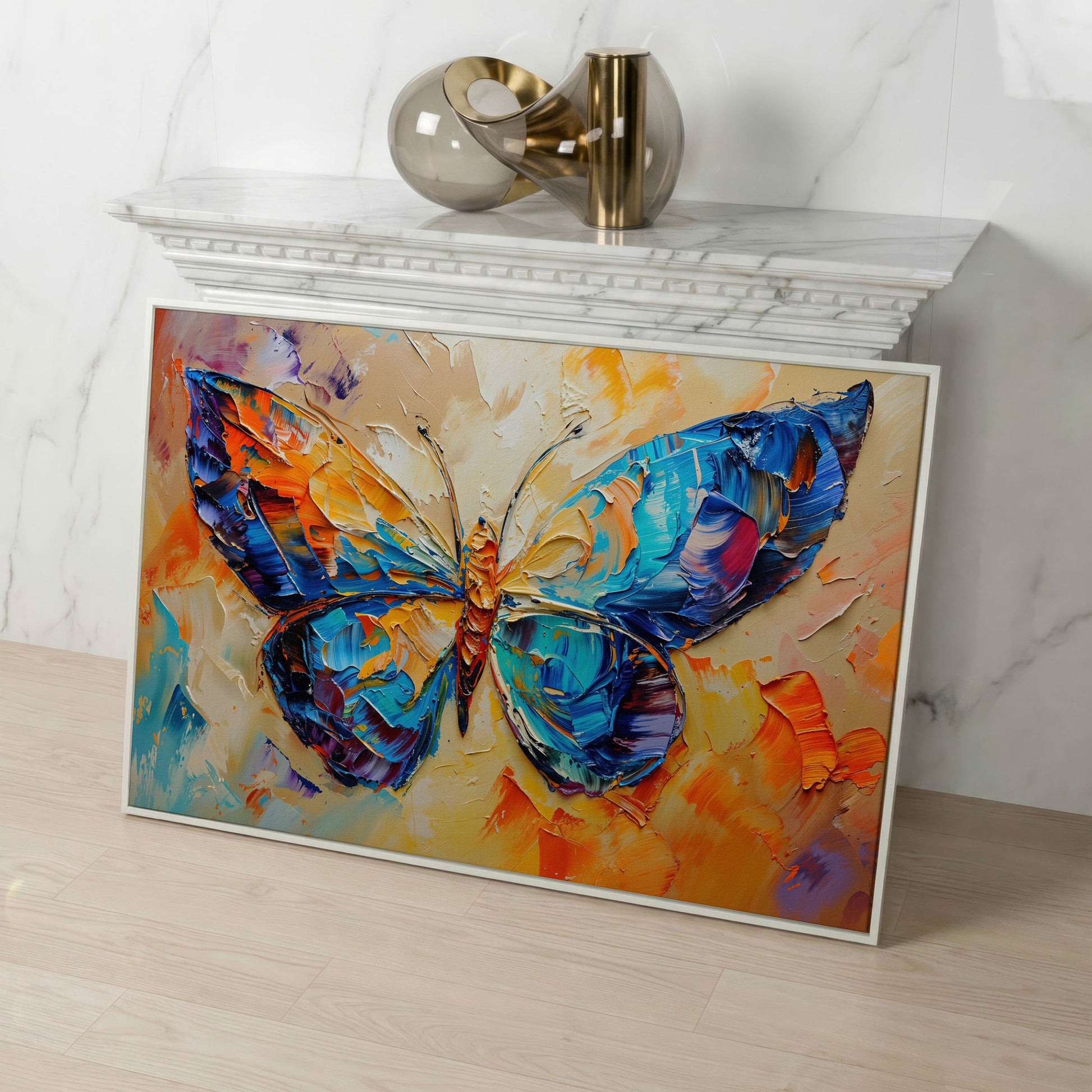 Butterfly Oil Painting Canvas in white floating frame