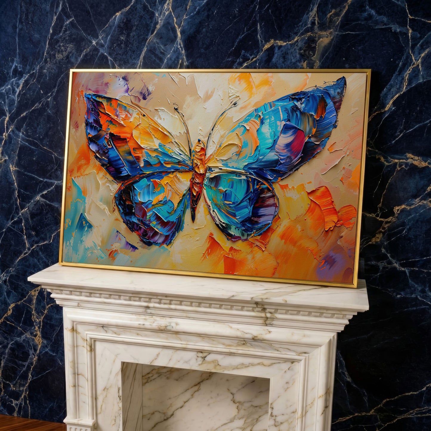 Butterfly Oil Painting Canvas in yellow gold floating frame