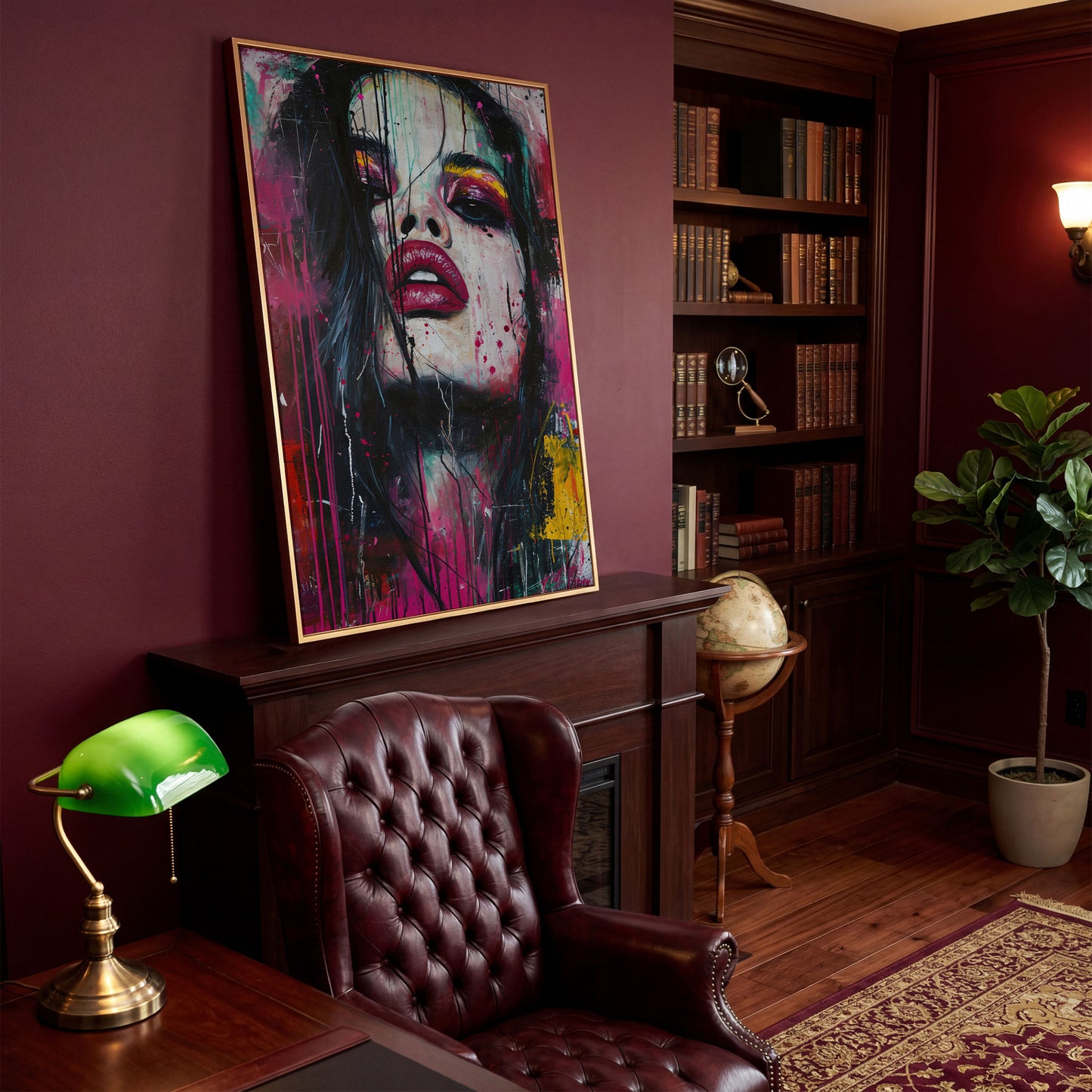 Colorful Abstract Woman Portrait Canvas Print in antique gold floating frame