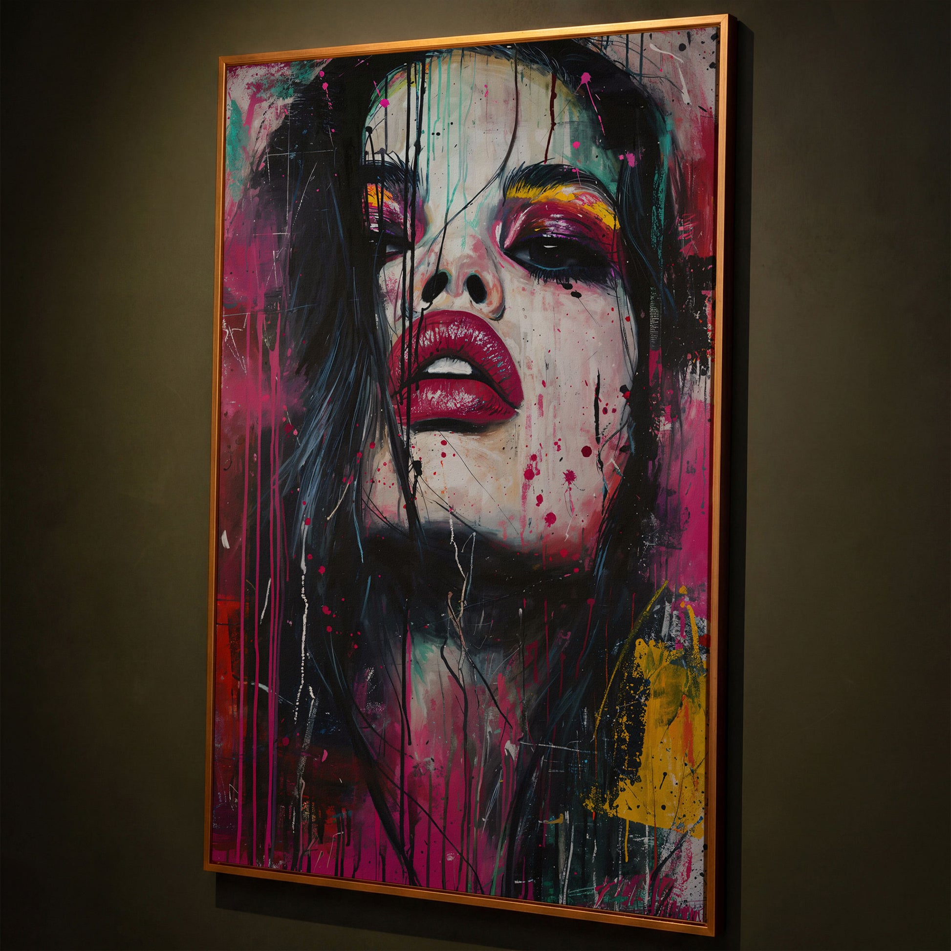 Colorful Abstract Woman Portrait Canvas Print shown in antique gold floating frame