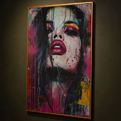 Colorful Abstract Woman Portrait Canvas Print shown in antique gold floating frame