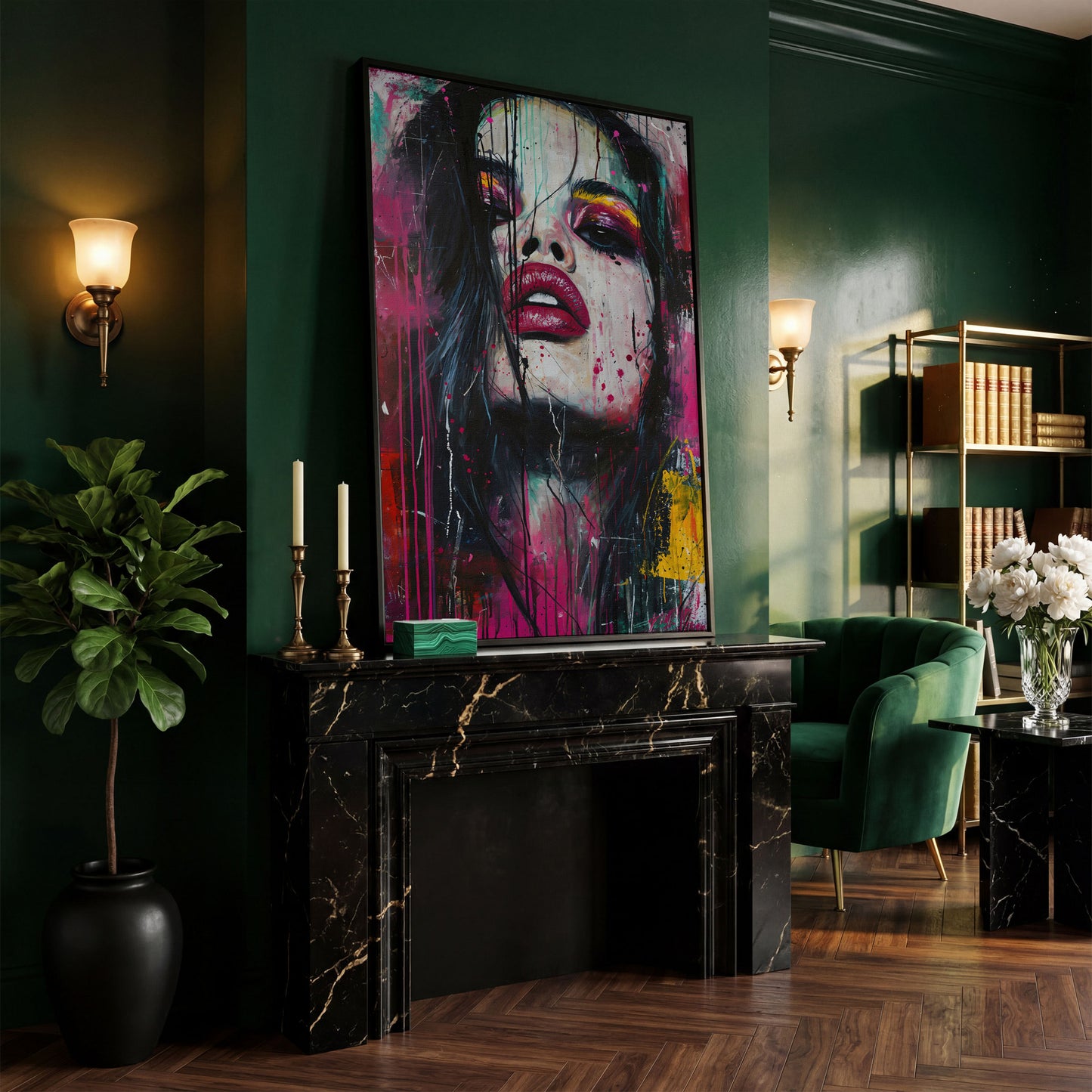 Colorful Abstract Woman Portrait Canvas Print in black floating frame