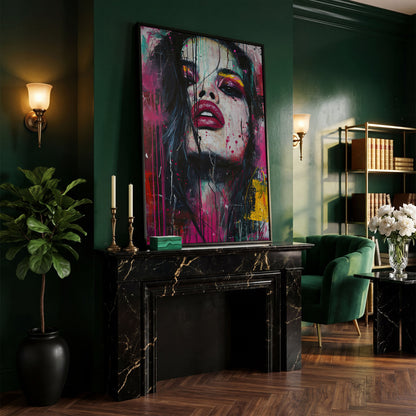 Colorful Abstract Woman Portrait Canvas Print in black floating frame