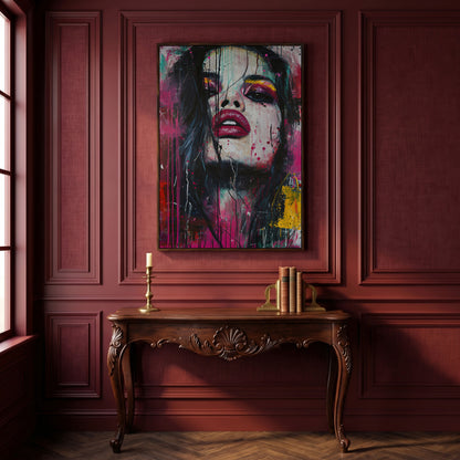 Colorful Abstract Woman Portrait Canvas Print in dark walnut floating frame