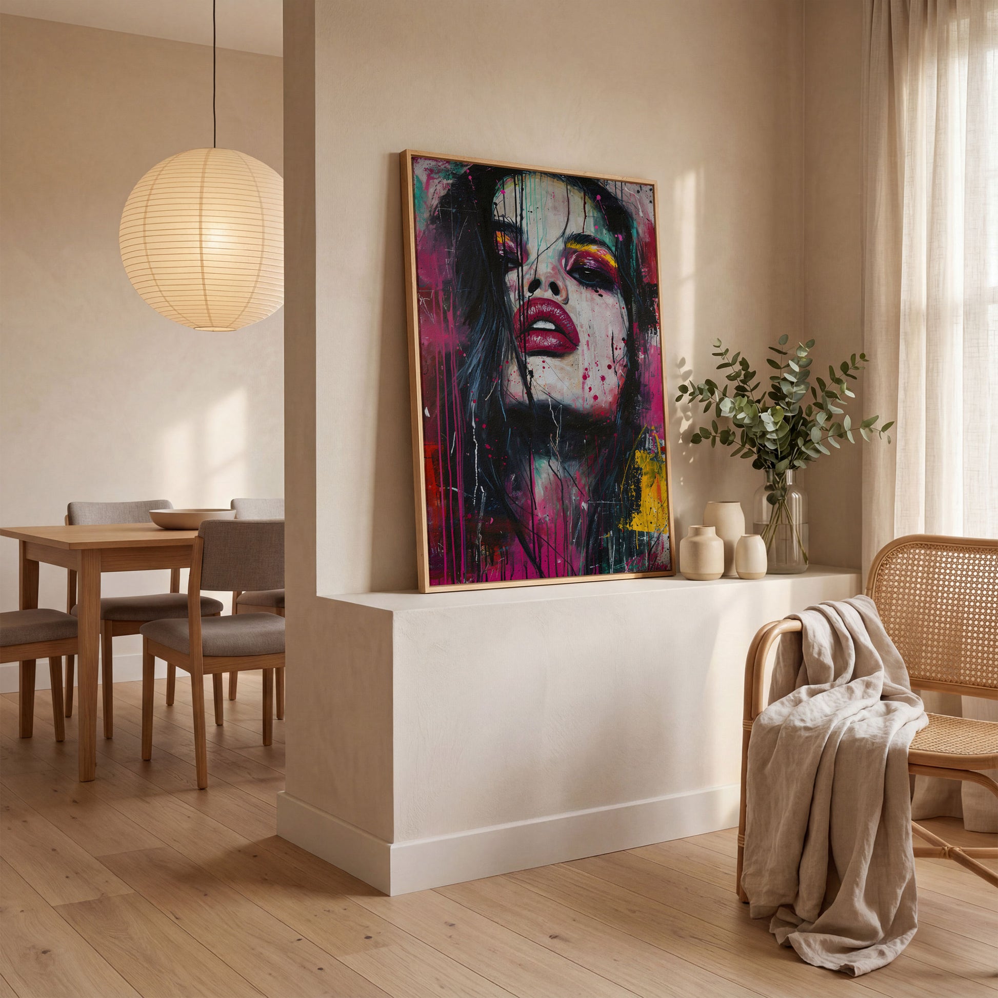 Colorful Abstract Woman Portrait Canvas Print in white oak floating frame