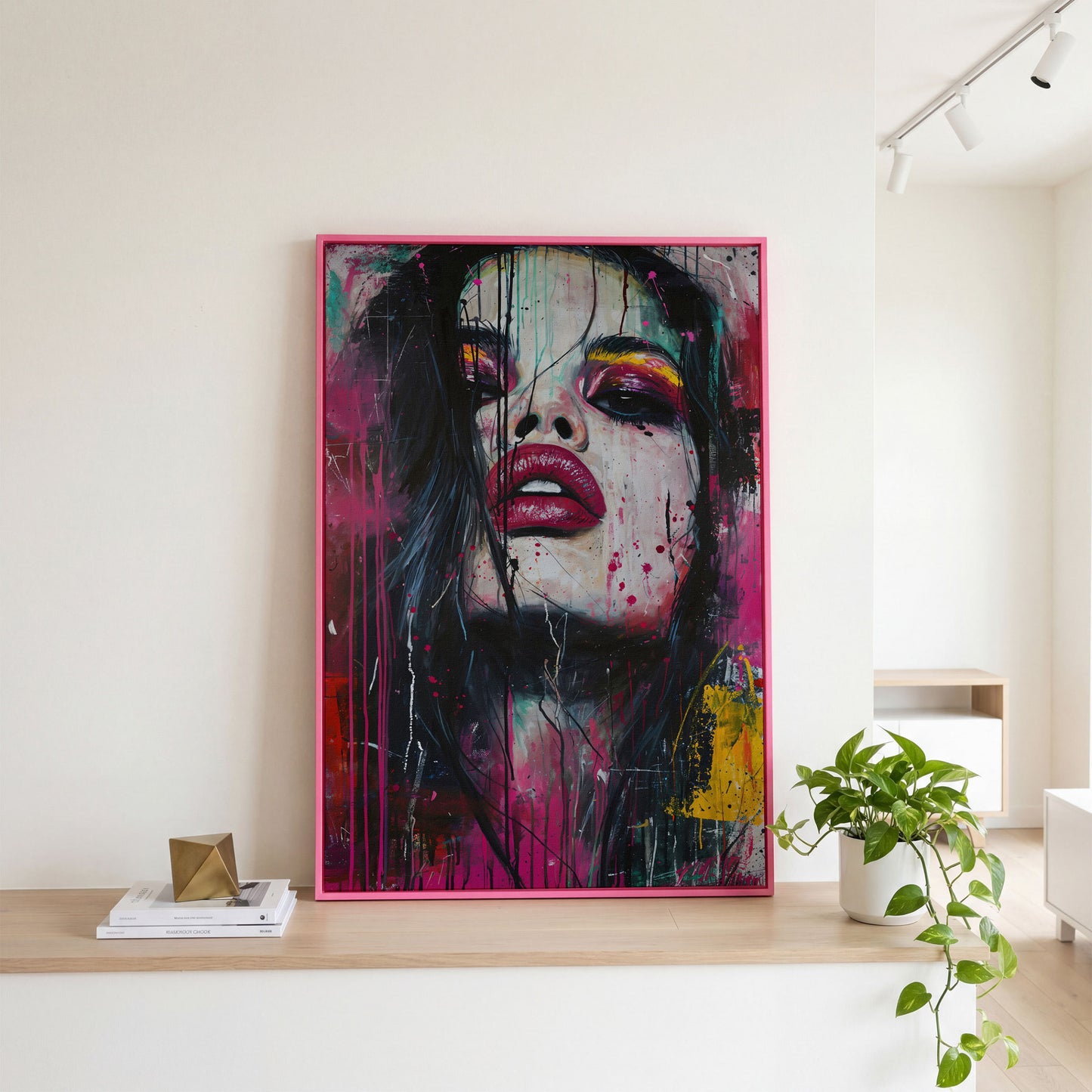 Colorful Abstract Woman Portrait Canvas Print in pink floating frame