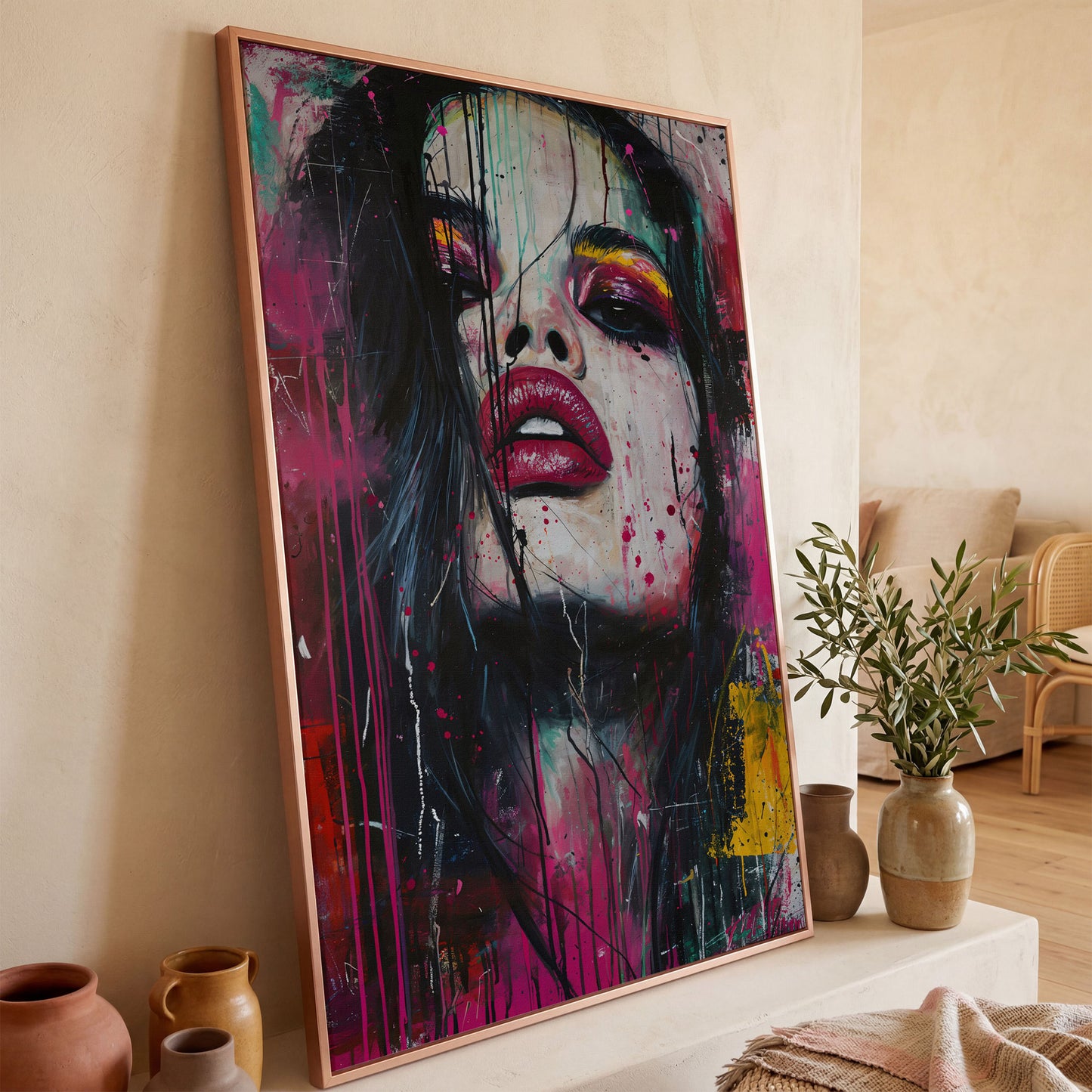 Colorful Abstract Woman Portrait Canvas Print in rose gold floating frame