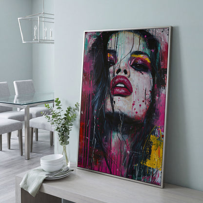Colorful Abstract Woman Portrait Canvas Print in silver floating frame