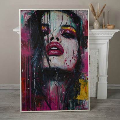 Colorful Abstract Woman Portrait Canvas Print in white floating frame