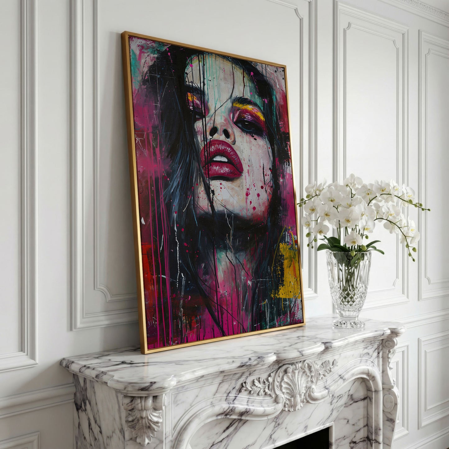 Colorful Abstract Woman Portrait Canvas Print in yellow gold floating frame
