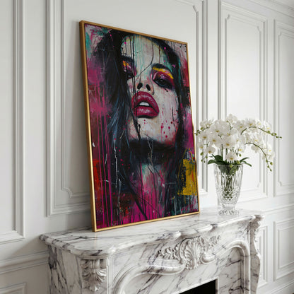Colorful Abstract Woman Portrait Canvas Print in yellow gold floating frame